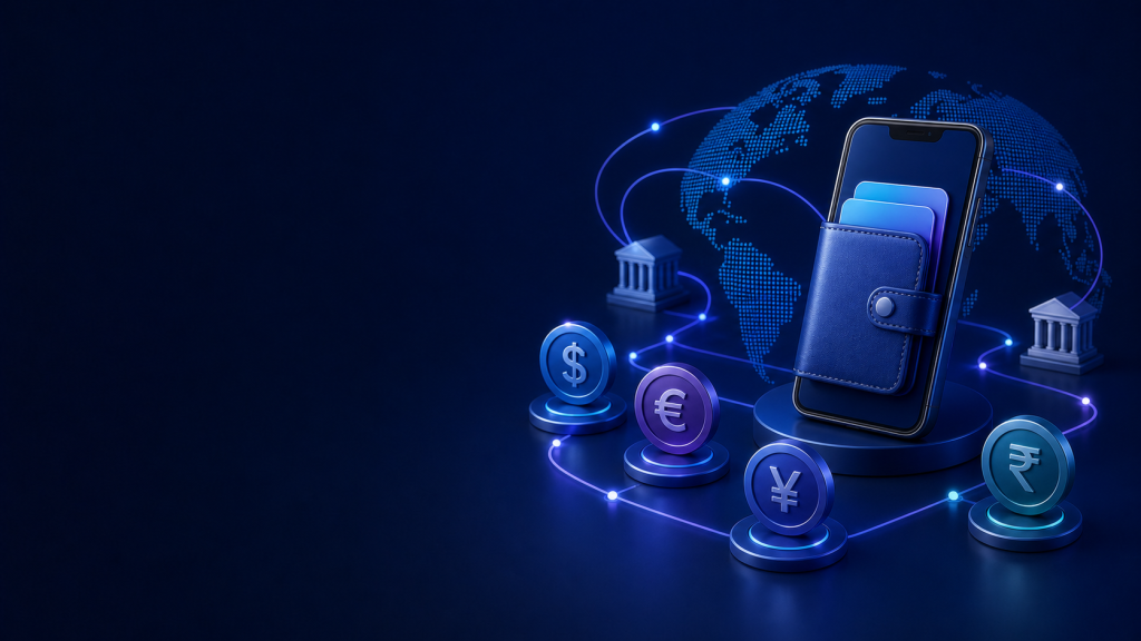 Multi-currency wallet connecting international customer payment journeys