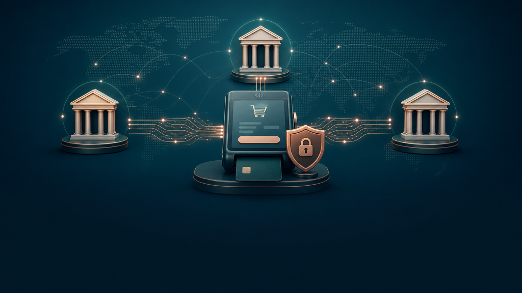 Merchant checkout connected through a secure gateway to multiple acquiring banks